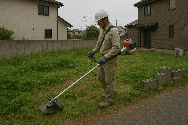 高松市で草刈り機を使って庭の草刈り作業を行うスタッフ